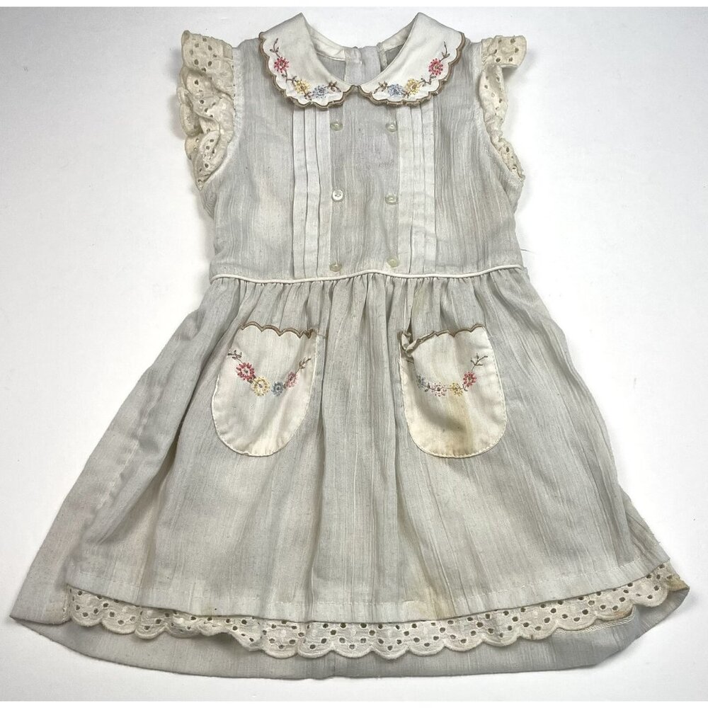 VTG 1950s GERANIO 24mos? Ivory Linen Embroidered SUNDRESS Cottagecore *Needs TLC